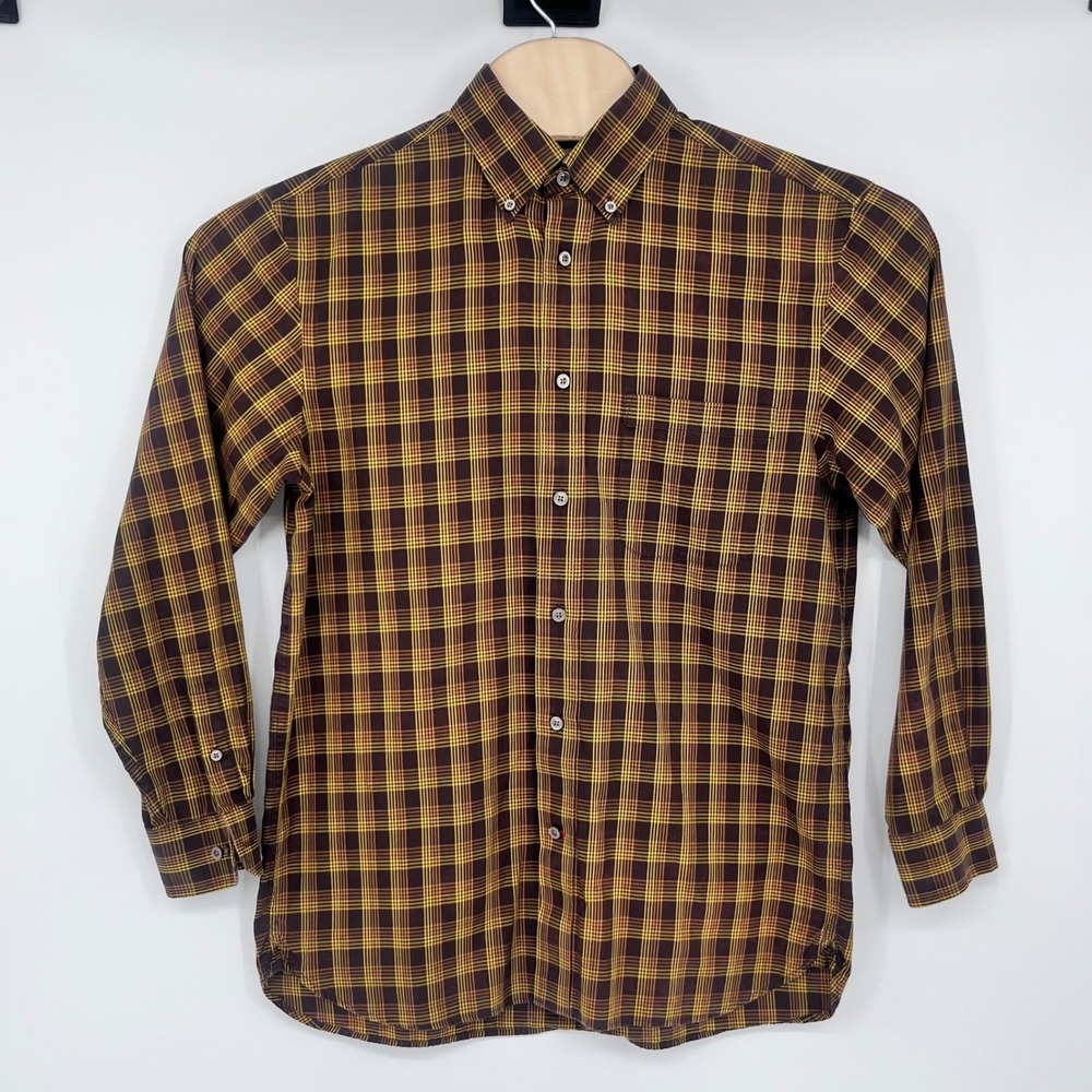 Daniel Cremieux Button Down Shirt Mens Medium Brown Yellow Plaid Signature